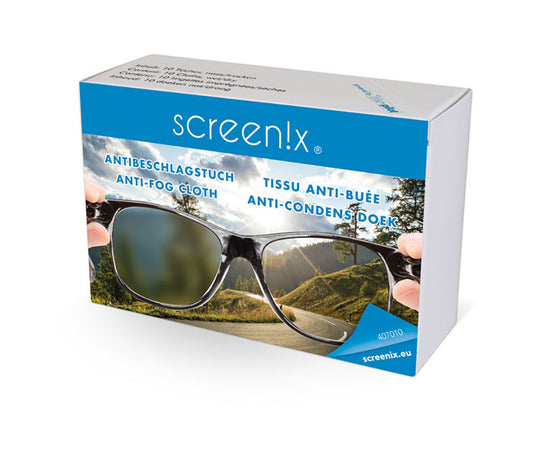Screenix Antibeschlagtuch Verpackung mit Anti-Fog Funktion für Brillen, klare Sicht ohne Beschlagen im Alltag.