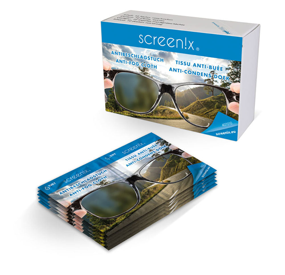 Screenix Antibeschlagtücher Verpackung mit einzeln verpackten Anti-Fog Tüchern für Brillen, klare Sicht ohne Beschlagen.