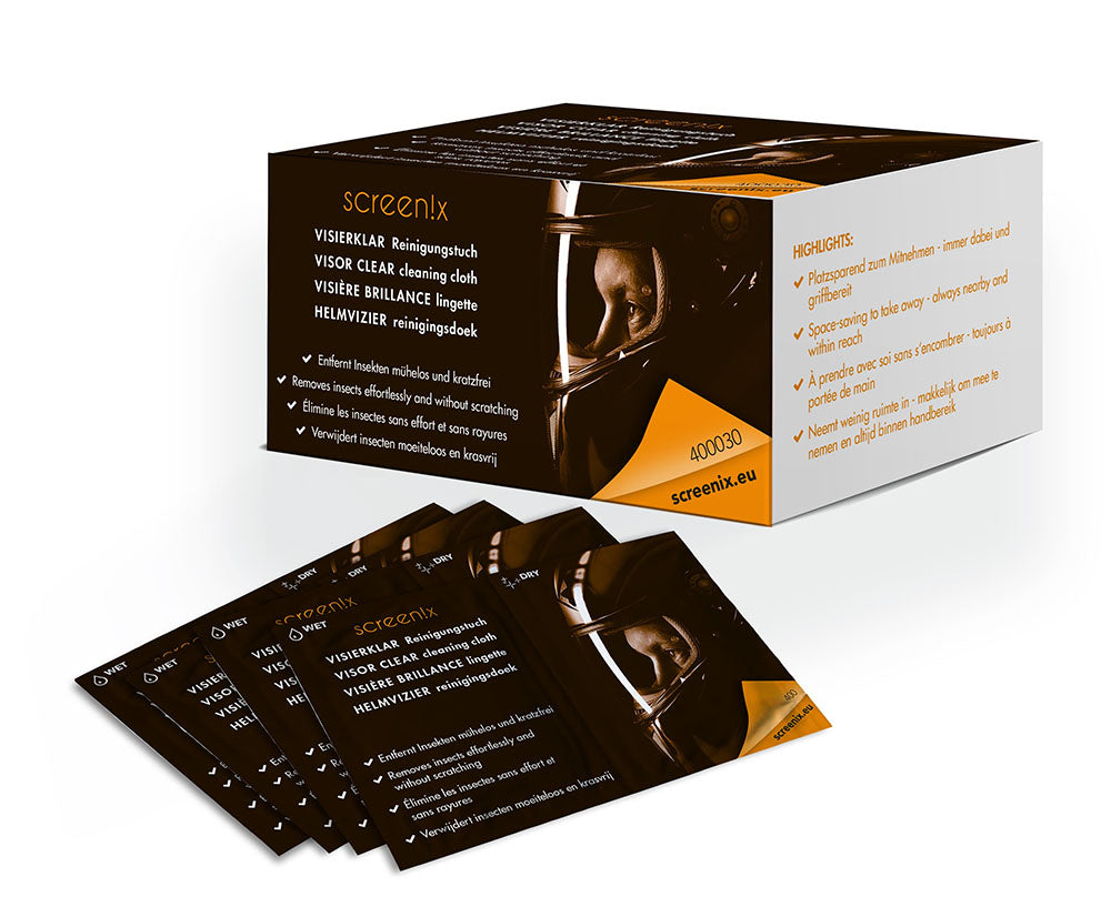 Screenix Visierklar Reinigungstücher Verpackung mit einzeln verpackten Nass- und Trockentüchern für streifenfreie Helmvisier-Reinigung.