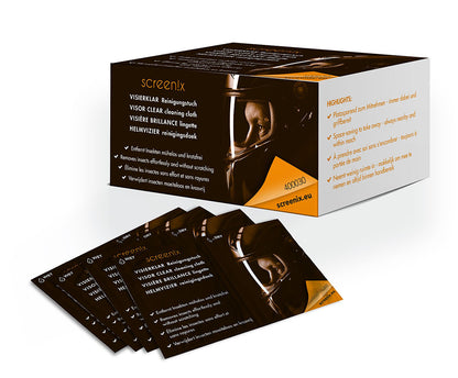 Screenix Visierklar Reinigungstücher Verpackung mit einzeln verpackten Nass- und Trockentüchern für streifenfreie Helmvisier-Reinigung.